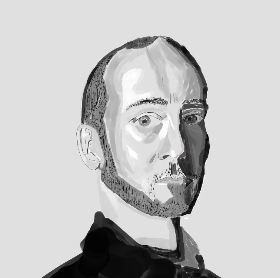 A black and white portrait of an artist